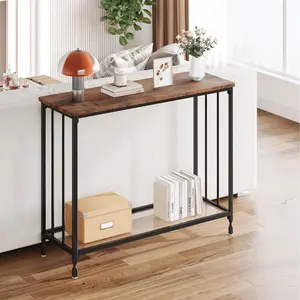 Slim 2-Tier Glass Console Table, Modern Narrow Entryway Sofa Side Table with Sturdy Metal Frame, Space-Saving Accent Furniture for Living Room, Gold & Rustic Brown Available