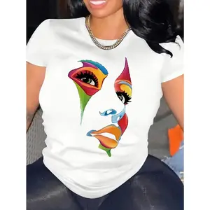 Leisure T-Shirt, Women'S Colorful Character Printed Short Sleeve Round Neck T-Shirt