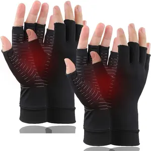 2 Pairs Copper Arthritis Gloves, Fingerless Compression Gloves for Men and Women, Pain Relief and Healing for Arthritis Hand, Carpal Tunnel, Typing and Daily Work (Black, Medium)