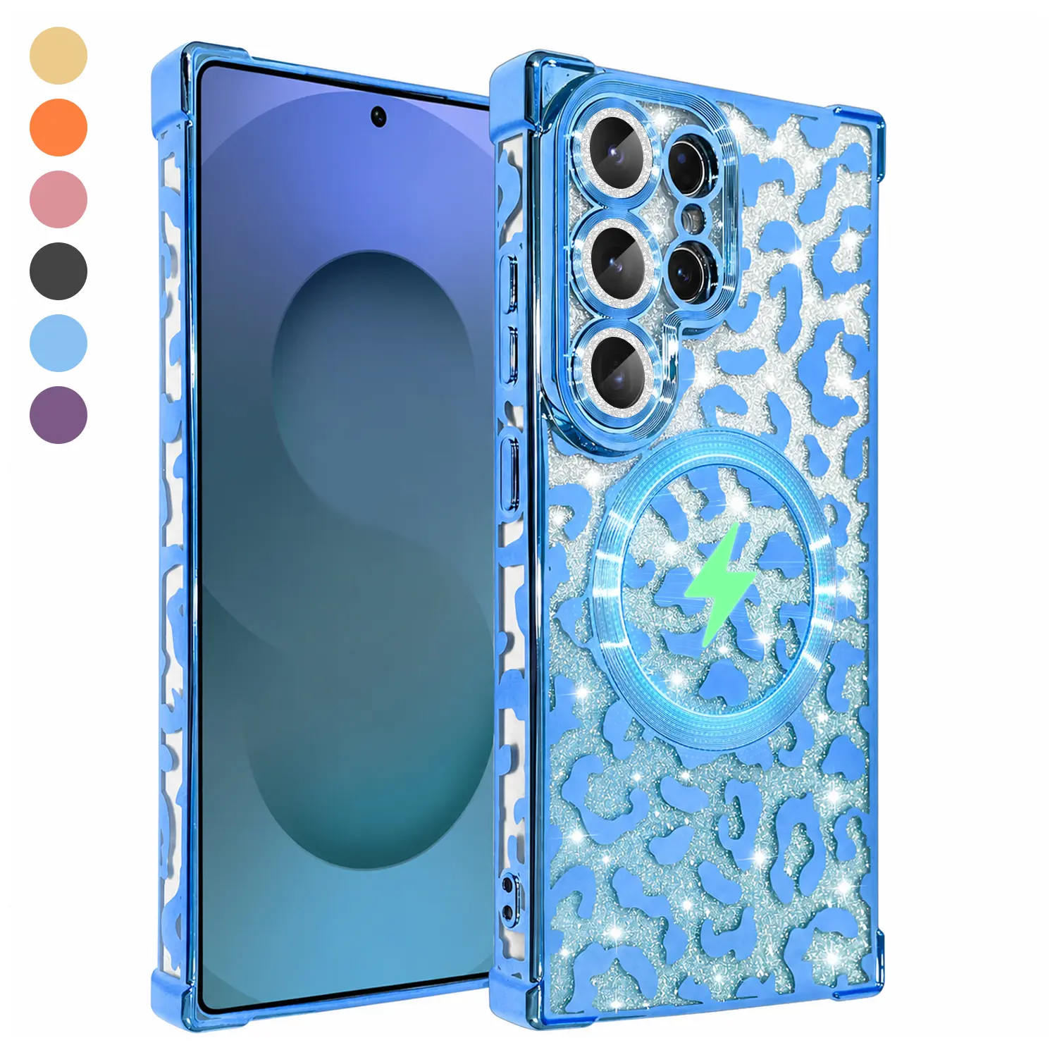 Leopard Print Glitter MagSafe-Compatible Phone Case for Samsung Galaxy S26 Ultra Plus & S25 S24 Ultra, Square Electroplated Frame, Drop Protection, Dust-Proof Mesh Port, Anti-Fingerprint Sparkly Case for Women