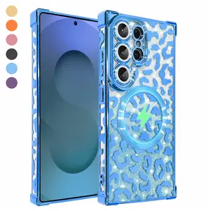 Leopard Print Glitter MagSafe-Compatible Phone Case for Samsung Galaxy S26 Ultra Plus & S25 S24 Ultra, Square Electroplated Frame, Drop Protection, Dust-Proof Mesh Port, Anti-Fingerprint Sparkly Case for Women
