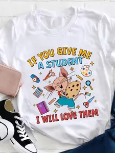 Fun Cartoon Mouse Ladies T-Shirt - Short Sleeve Slim Casual Pattern T-Shirt - Colorful Design with 'If You Give Me A and 'I'll Love Them' Quotes, as Well as Icons| Fun and Creative Pattern T-Shirts for Teachers and| Cute Artwork with Drawing Boards