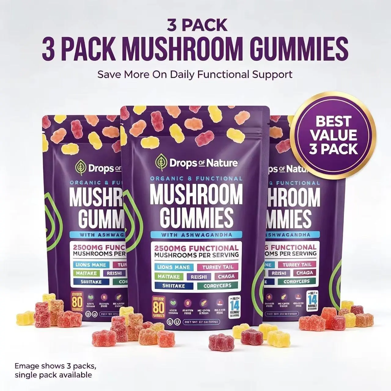 Drops Of Nature Mushroom Complex Gummies with KSM-66 Ashwagandha, Lion's Mane, Reishi, Cordyceps, Chaga, Maitake, Shiitake, Turkey Tail, Mixed Fruit Flavor, 80-Count Natural Dietary Supplement