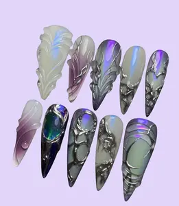 Chrome Mystical Purple Art Inspired Freestyle Swirls Press on Nails, Hand-Drawn 3D Silver & Purple Galaxy Nail Art, Reusable Fake Nails
