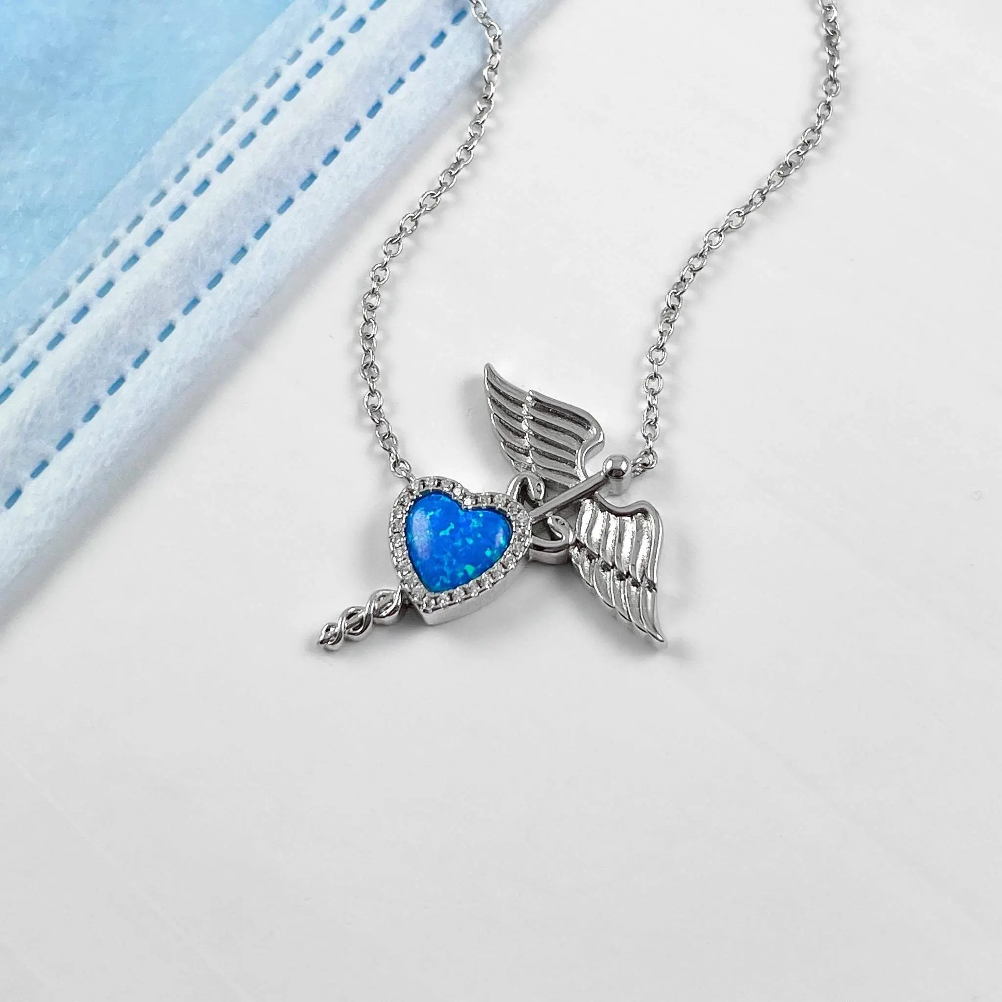 Opal Heart Caduceus Necklace
