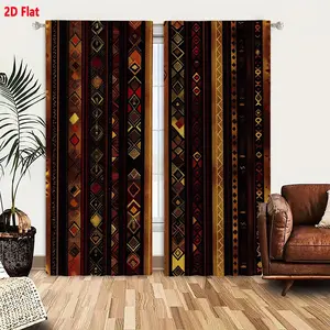2D Flat  Hot 2-Piece Curtain Set, Warm Tones Vertical Stripes with Intricate Geometric Diamond/Triangle Motifs, Ethnic Tribal-Inspired Bold Decorative Pattern, Red Gold Brown Black, Ornate Traditional Cultural Heritage Style, Window Curtain