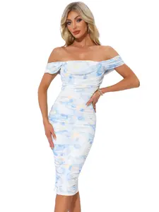 INSPIRE CHIC Women's Square Neck Printed Midi Ruched Dress