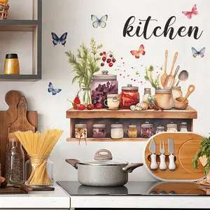 Kitchenware Utensil Shelf Wall Stickers,   Jar Colorful Butterfly Wall  Removable Vinyl Peel and Stick for Kitchen Dining Restaurant Baking Room Bar  Decor Art  Decoration