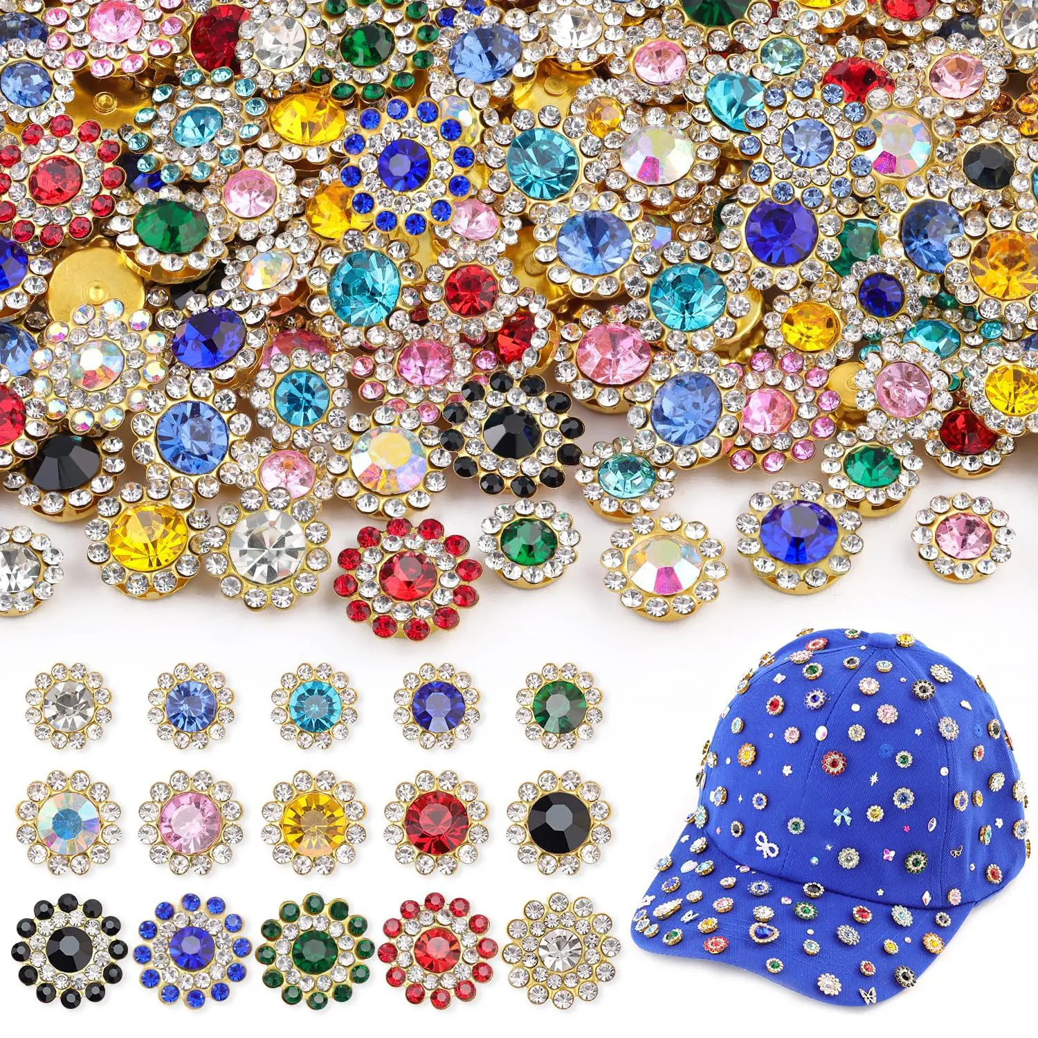 150Pcs Sew on Rhinestones Bling Rhinestone Crystals Glass Gems Metal Claw Mixed 10mm 12mm 14mm Sunflower Garments DIY Rhinestone for Sewing Headband Jewelry Crafts Clothes Shoes Belt Accessories