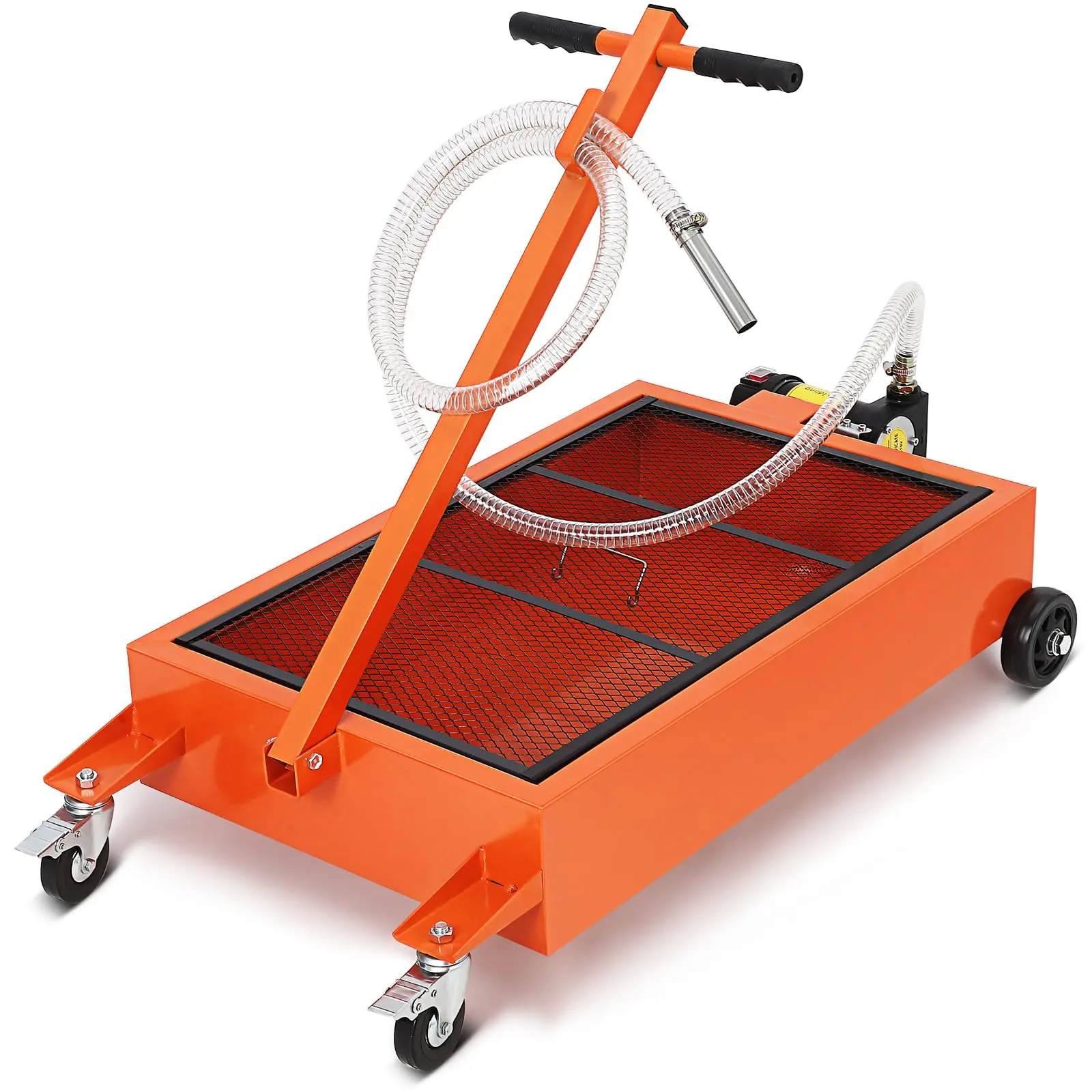GARVEE 15 Gallon Low Profile Oil Drain Pan with 180W Electric Pump, 8 Ft Hose, T Folding Handle, and Rolling Cart for Trucks, RVs, and Buses