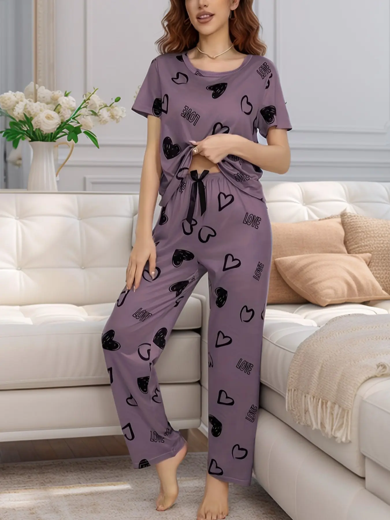 Two-Piece Heart Print Women's Pajama Set, Long Sleeve and Pants, Soft and Comfortable Loose Casual Home Wear, Loungewear, All Seasons