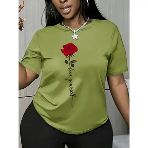 Women's short-sleeve top with red rose "love yourself" self-care healing style print, round neck, machine washable, comfortable, soft, breathable, suitable for spring, summer, and autumn, new recommended style, loose, casual, and trendy