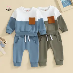 Toddler Boys Fall 2Pcs Outfit Contrast Color Pocket Long Sleeve Sweatshirt Solid Color Long Pants Clothes Set
