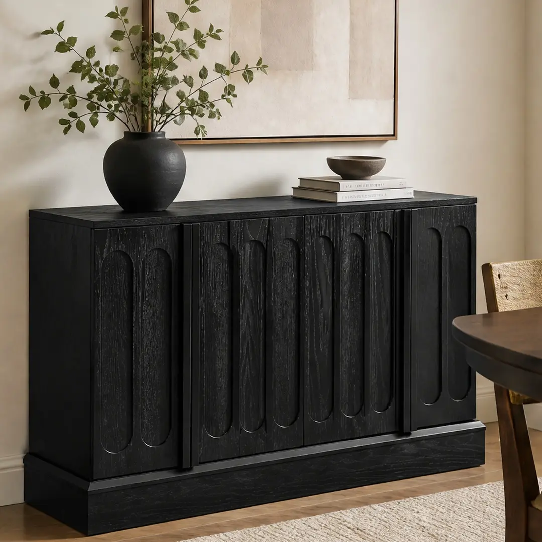 Mid-Century Fluted Sideboard Cabinet - Sturdy Eclectic Black MDF Buffet Cupboards Sideboard with Adjustable Shelves, 43.5Wx15.8Dx29.1H, 86.40 lb, Cabinet and Storage for Dining Room, Living Room, Entryway