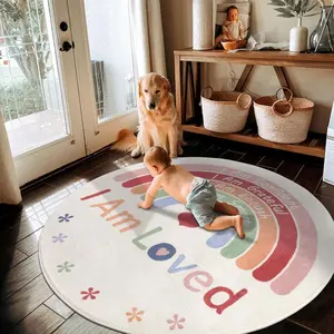 Soft Washable Round Rug for Kids' Room & Living Room Decor, Polyester Fiber Letter Pattern Mat, Floor Covering, Washable Area Rug