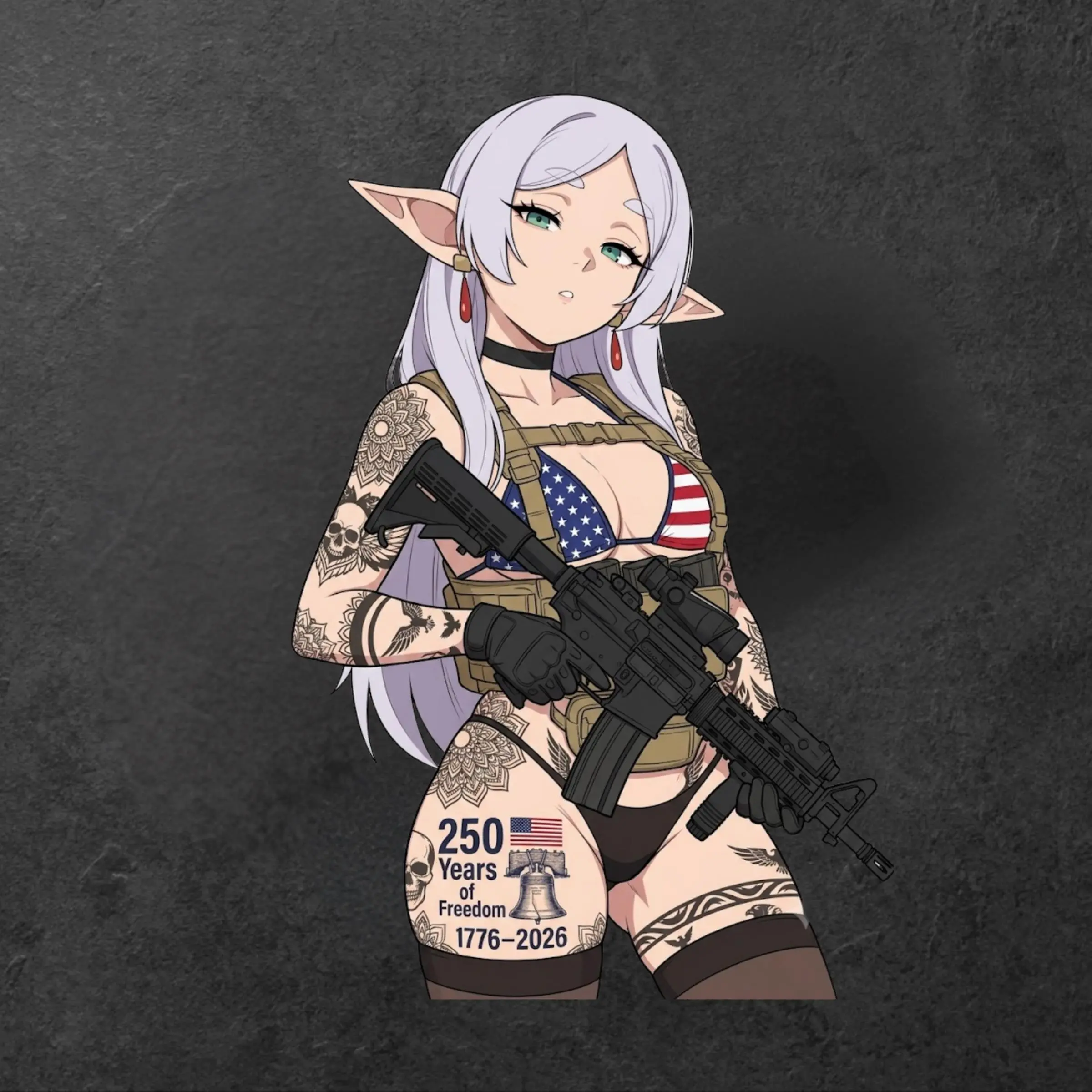 Patriotic Frieren Tactical Anime Girl Sticker, America 250 Years Freedom 1776–2026 Vinyl Decal for Laptop Car Helmet Bottle