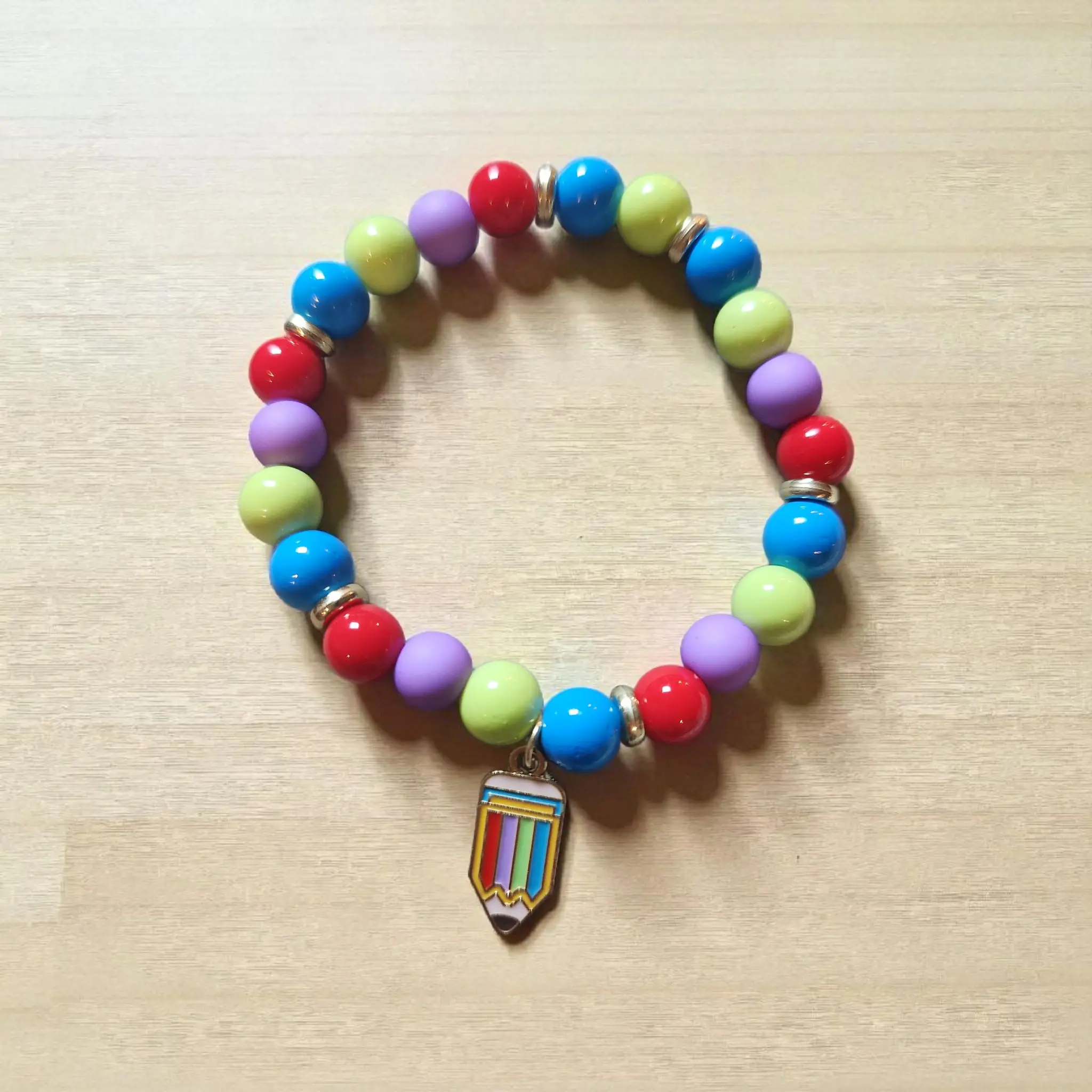 Pencil Charm Multi-Colored Teacher Beaded Bracelet