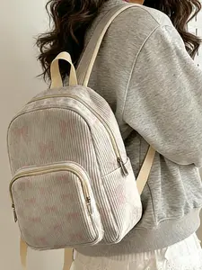 1 piece of lady's backpack with 2D printing of pink bow pattern, corduroy texture + layered storage + light and easy to carry | perfect for students to go to class/shopping/short trips | combines atmosphere with practicality