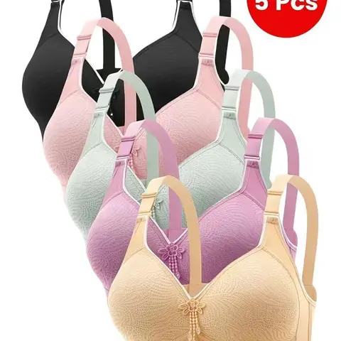Women's 5-Pcs Comfy Lingerie Lace Bra Set - Wire Free Seamless Racerback Bralettes, Basic Assorted Colors, Breathable Knit Fabric, Machine Washable Unlined Everyday Bras