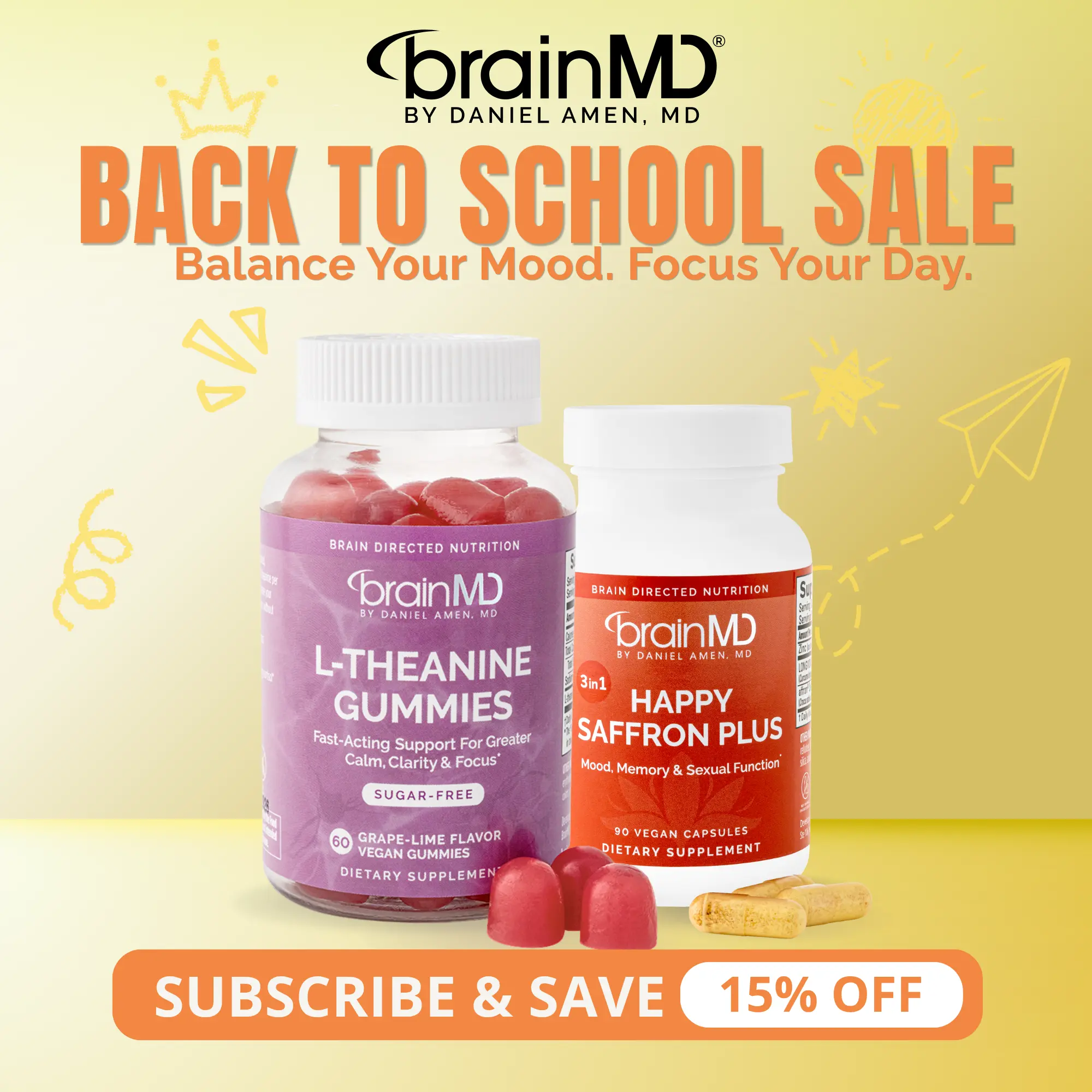 Best of BrainMD Bundle | Happy Saffron Plus 90 Capsules & L-Theanine Gummies 60 Count | Mood & Calm Support | Focus & Stress Relief | Satiereal Saffron with L-Theanine