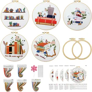 5 Sets Embroidery Kit for Beginners Adults Book Lover, Embroidery Starter Kit Book  Hand Crewel Needlepoint  Stitch Kits Includes 2 Hoops Colored Threads