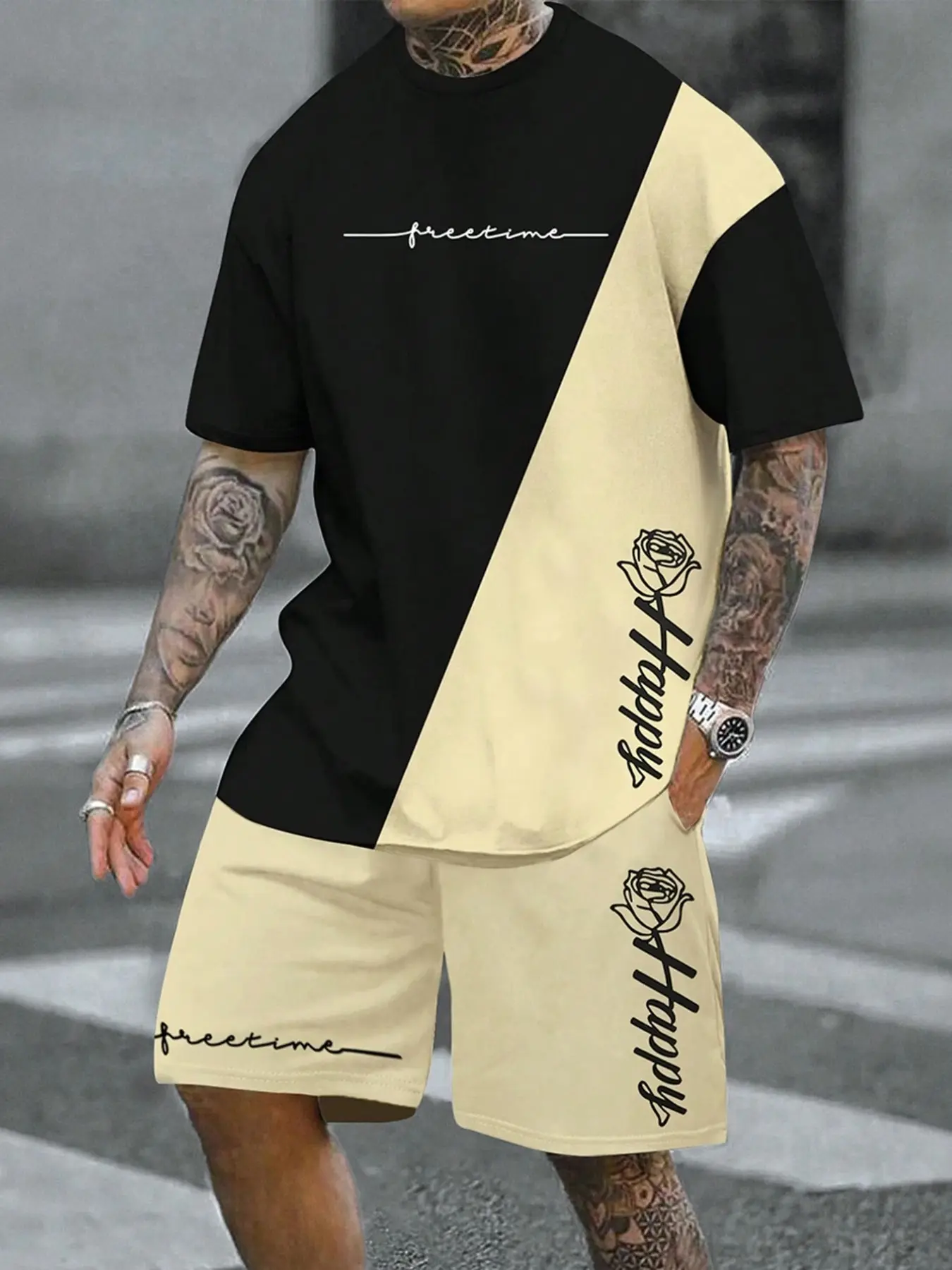 Trendy and versatile men's casual two-piece set: black and white color-blocked printed crew neck short-sleeved shirt + drawstring shorts. Comfortable and breathable.