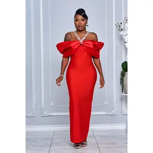 HALTERNECK CRYSTAL OFF SHOULDER BANDAGE DRESS (RED)