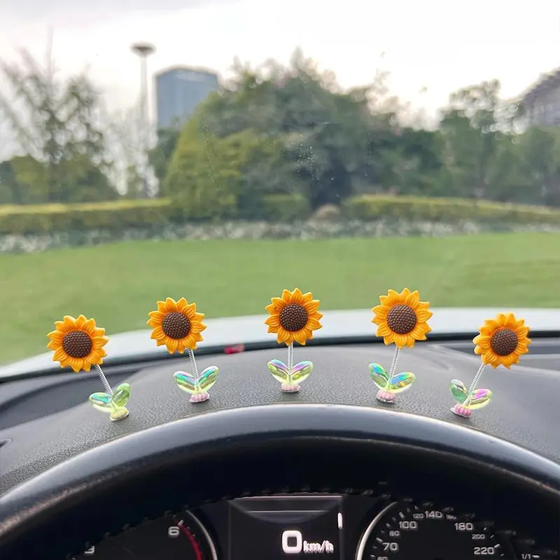 Sunflower Design Car Ornament, 5pcs Cute Car Dashboard Decoration, Car Interior Decoration Accessories for Women & Girls, Girly Car Accessories, Car Trinkets, Automotive Decoration, Car Interior Ornaments