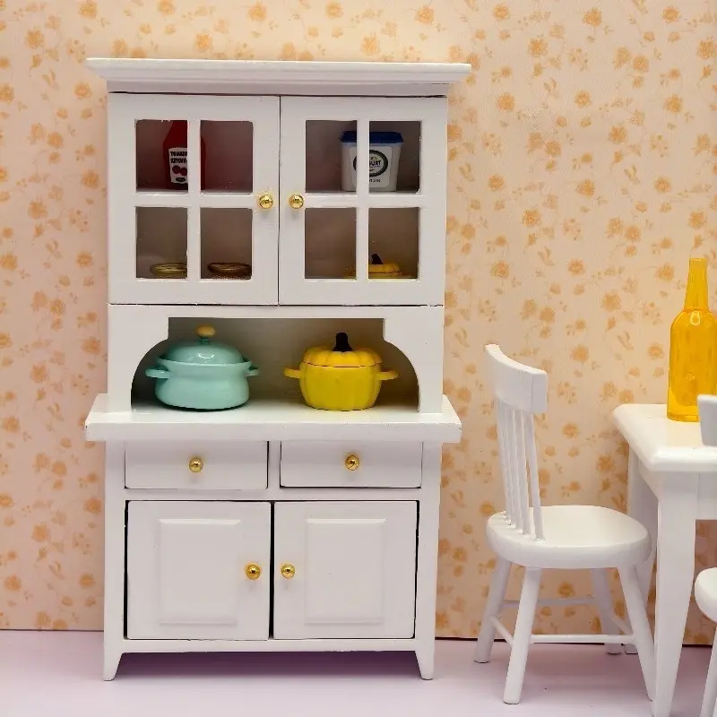 White Bookcase & Standing Cabinet 1:12 Miniature Furniture for Dollhouse Study Scene Decor, Perfect Doll Accessories Gift for Christmas New Year Easter
