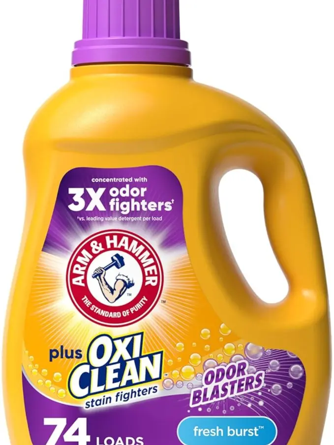 ARM & HAMMER Plus OxiClean with Odor Blasters Liquid Laundry Detergent | Laundry Odor Remover, Attacks Stains, Fresh Burst Scent, 74 Loads, 96.2 fl oz