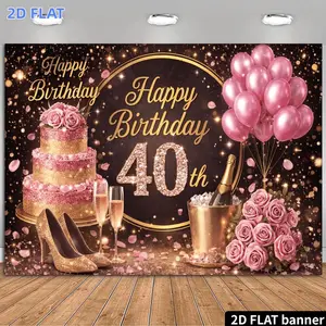 2D Flat Banner 1pc, 40Th Birthday Party Backdrop Black Golden Pink Glitter Theme Rhinestone Number 40 with Multi-Layer Birthday Cake High Heels Champagne Ice Bucket Roses And Balloons Durable Material No Power Required, Photograph