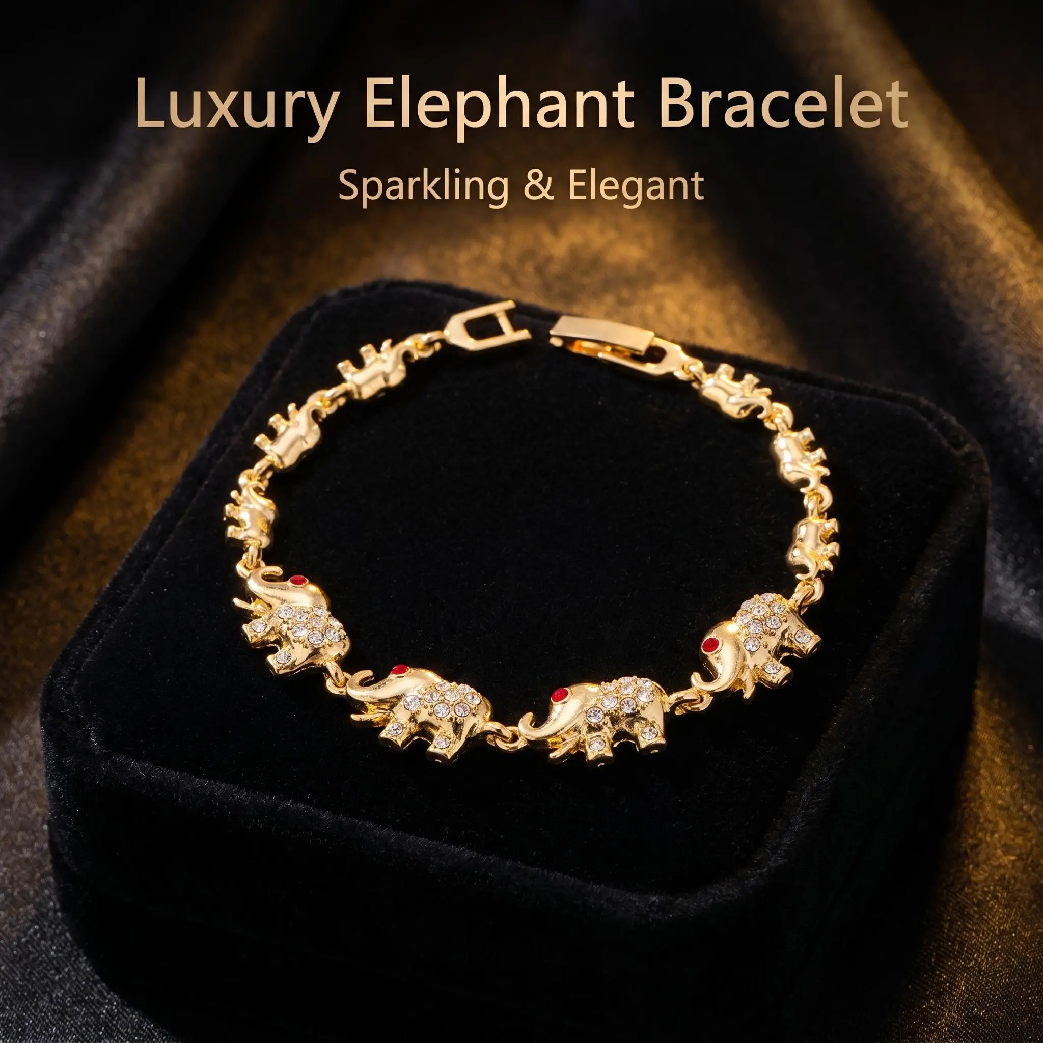 14K Gold Plated Elephant Link Bracelet for Women, 20CM Cute Sparkling Multicolor CZ Crystal Elephant Chain Bracelet, Luxury Elegant Lucky Elephant Charm Bracelet Fashion Jewelry Gift