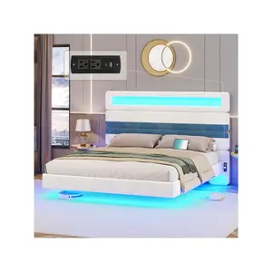 King Size Floating Bed Frame With Charging Station And LED Lights, PU Leather Upholstered Platform Bed Frame With Tall Headboard, Noise Free
