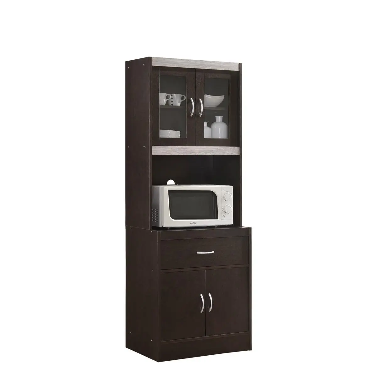 Hodedah Modern Kitchen Pantry Cabinet Single Unit - Storage Furniture with Top & Bottom Enclosed Compartments, 1-Drawer, Large Open Microwave Shelf, Solid Doors, Chocolate-Grey, Pantry Organization, Drawers