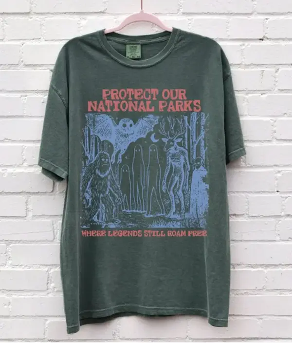 Women's Short-Sleeve Comfortable Casual Everyday Garment - Cryptid National Parks 90s Protect Our Parks Vintage Camping Hiking Retro Wanderlust Fantasy Creatures T-Shirt,clothes for back to school,first day of school outfits