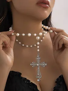 Women's Rhinestone Cross Pendant Necklace, Exaggerated Cyberpunk Beaded Chain Jewelry, Ideal Gift for Women, Round Pearl Design
