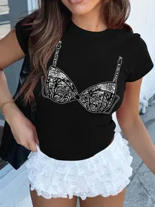 Sexy Young Girl Wearing Soft Fitted T-Shirt Heart, Comfortable and Stylish Casual Wear, Perfect for Daily, Trendy Women's Clothing