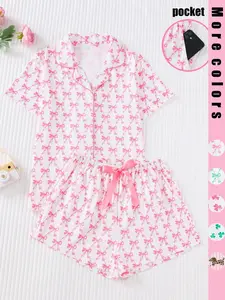 Women's Two-Piece Sleepwear Set, Bow Full-Print Design, Soft & Smooth Fabric, Casual Fitted Style, All Season Comfortable Wear