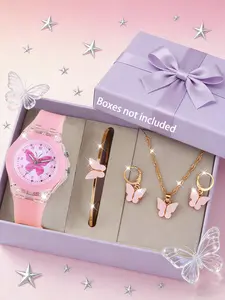 Cute Silicone Butterfly Glowing Quartz Watch Set, Butterfly Bracelet Necklace Earrings Jewelry, Best Birthday Gift for Kids