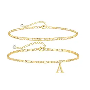 Yekilus 14K Gold Plated Initial A-Z Ankle Bracelets for Women Dainty Waterproof Layered Figaro Dot Link Chain Summer Personalized Gifts for Women Teen Girls