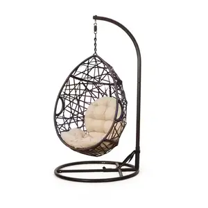 Noble House Stefanie Brown Wicker Outdoor Patio Swing with Beige Cushion Bohemian Style Teardrop Chair Weather & UV Resistant