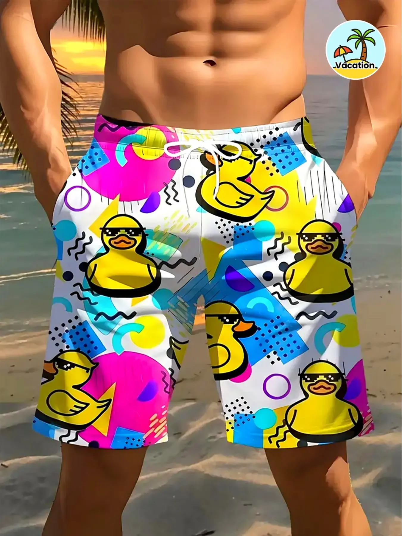 Men's Summer Casual Shorts, Cartoon Duck Print Beach Pants, Multicolor Fashion Swimwear Outerwear, Fitted Short Clothing, Summer Swim Trunks, Printed Swim Trunks, Swimming Shorts