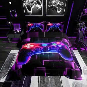 Feelyou Game Theme Duvet Insert Set - Microfiber Filling Soft Polyester Comforter, Gaming Controller Gamepad Print, Neon Glowing Purple Square Geometric Grid Decor, U-Stitching, Travel-Ready Multi-Size Bedding