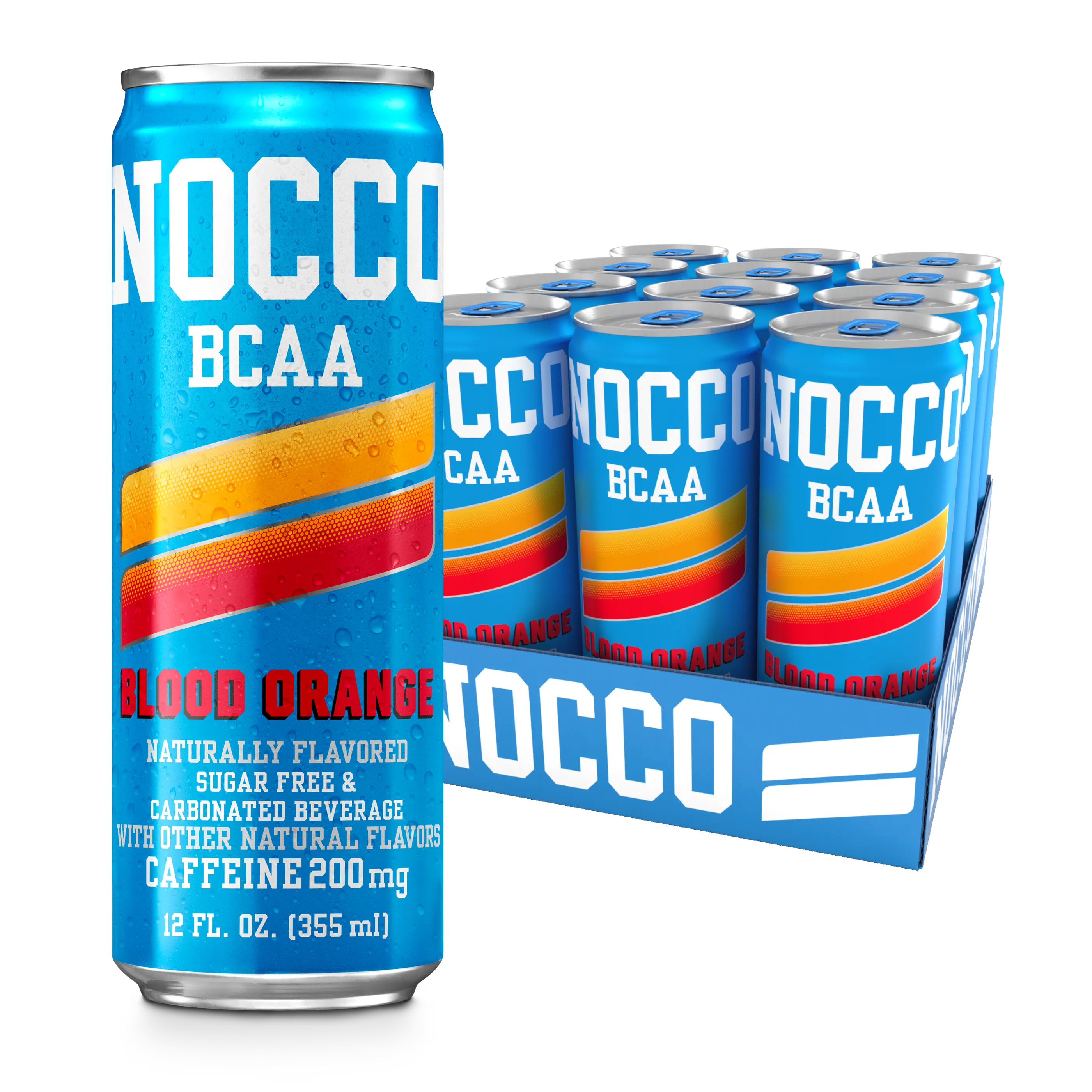 NOCCO Zero Sugar Energy Drink, Blood Orange - 12 Fl Oz (Pack of 12) - 200mg Caffeine, Sugar Free, BCAAs - Branched Chain Amino Acids, Carbonated & Low Cal, B Vitamins, Grab & Go Performance Beverage