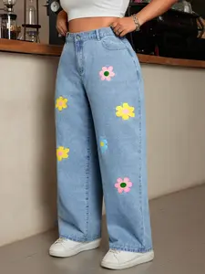 🌸 Plus Size Floral Print Wide Leg Jeans | High Waist Baggy Denim Pants