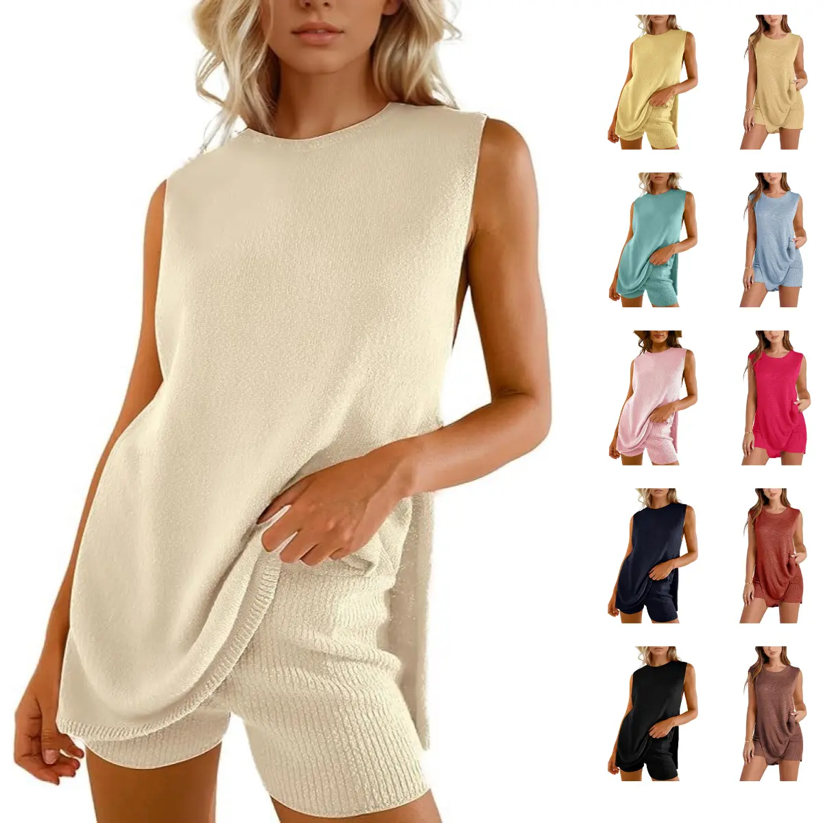 UANEO SummerVibes Women's 2 Piece Outfits Summer Knit Sweater Set Sleeveless Tunic Top Matching Shorts Trendy Beach Vacation Sets