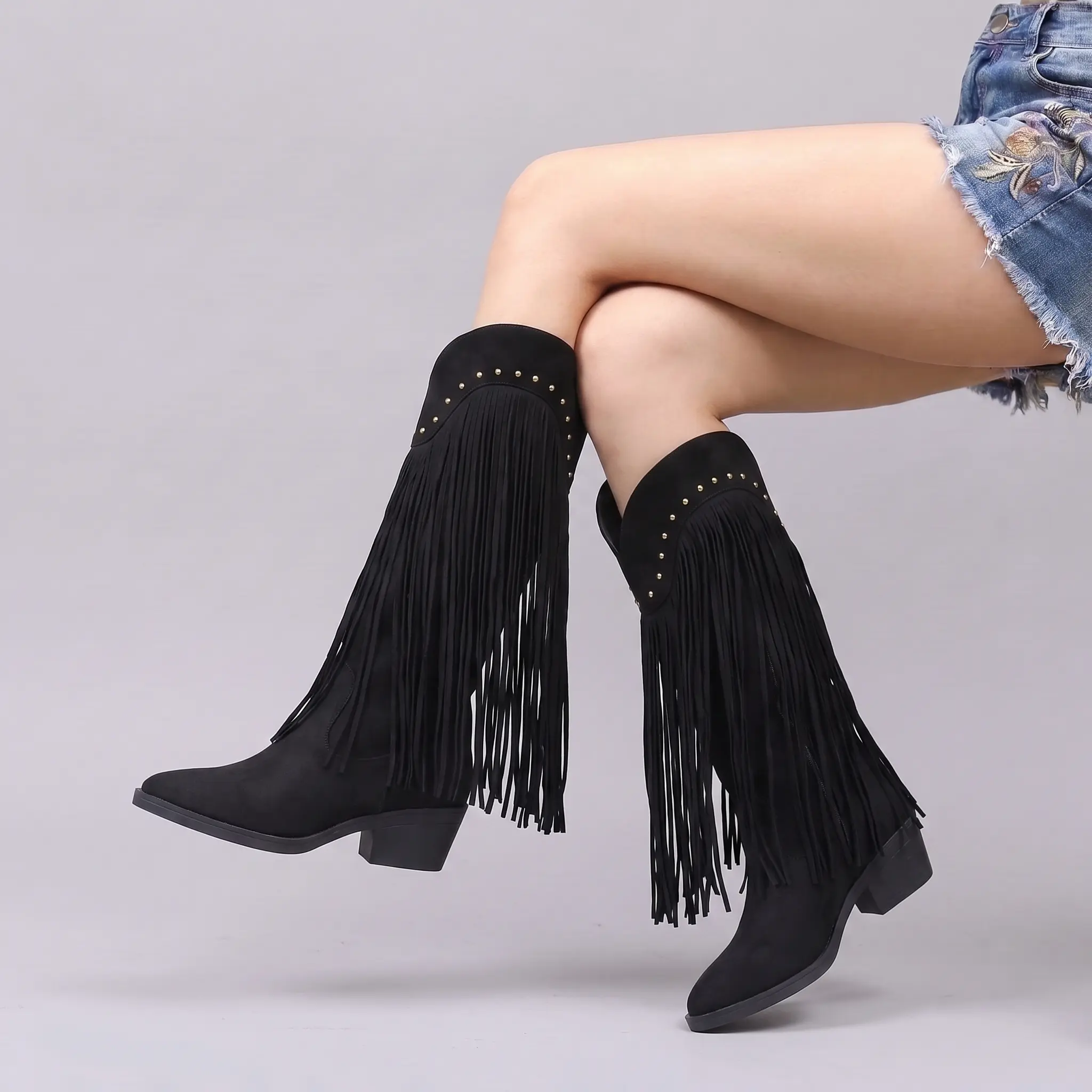 Women Cowboy Boots Knee High Suede Pointed Toe Block Heel Pull On Fringe Studs Boho Chic Vintage Rodeo Western Fashion Comfortable Lightweight Casual Country Wedding Festival Concert Party Retro Outdoor Walking Dancing Fall Dress Tall Cowgirl Boots