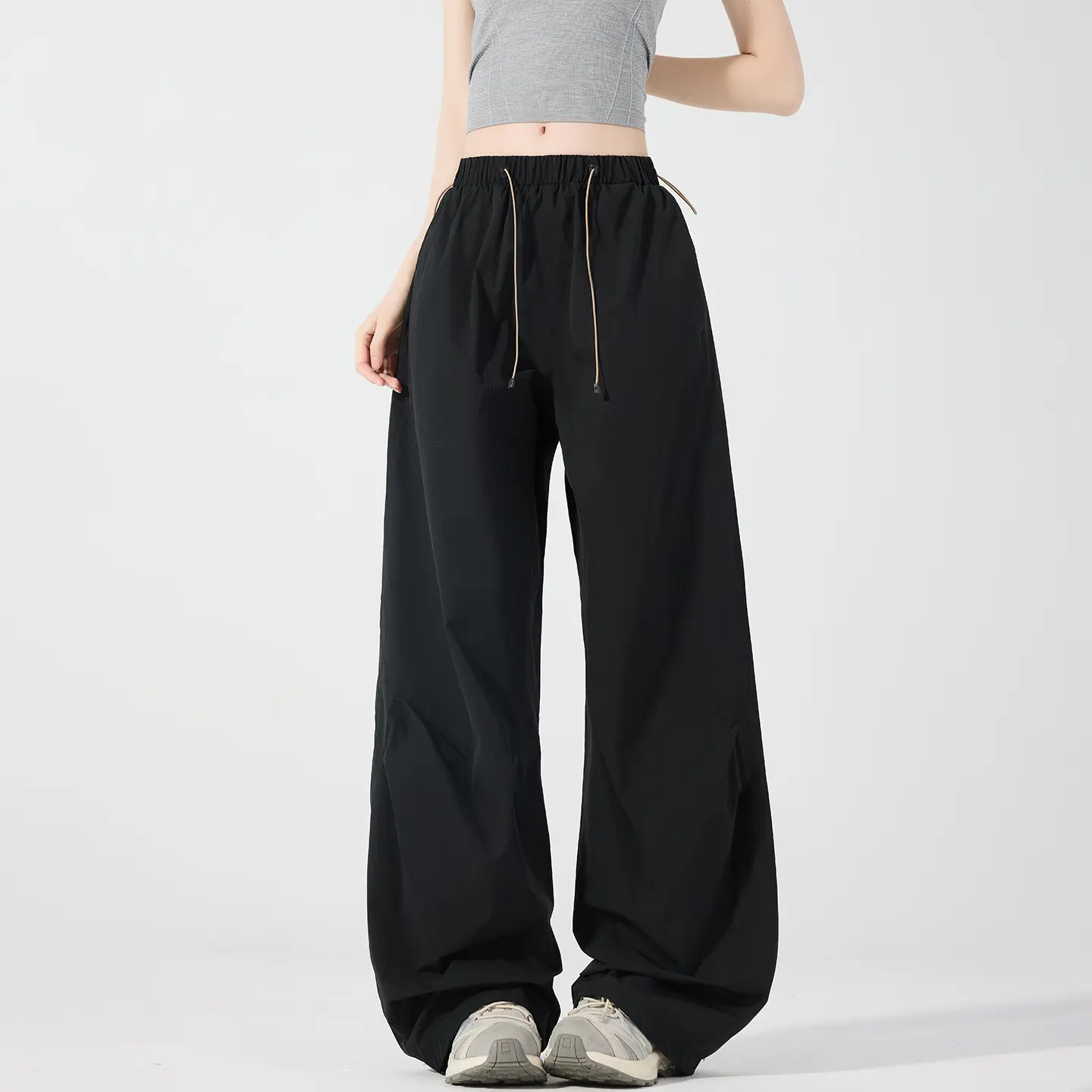 Women’s high-waisted, drapey wide-leg parachute pants — lightweight for summer, quick-drying, slimming, mountain/outdoor casual style, floor-length trousers