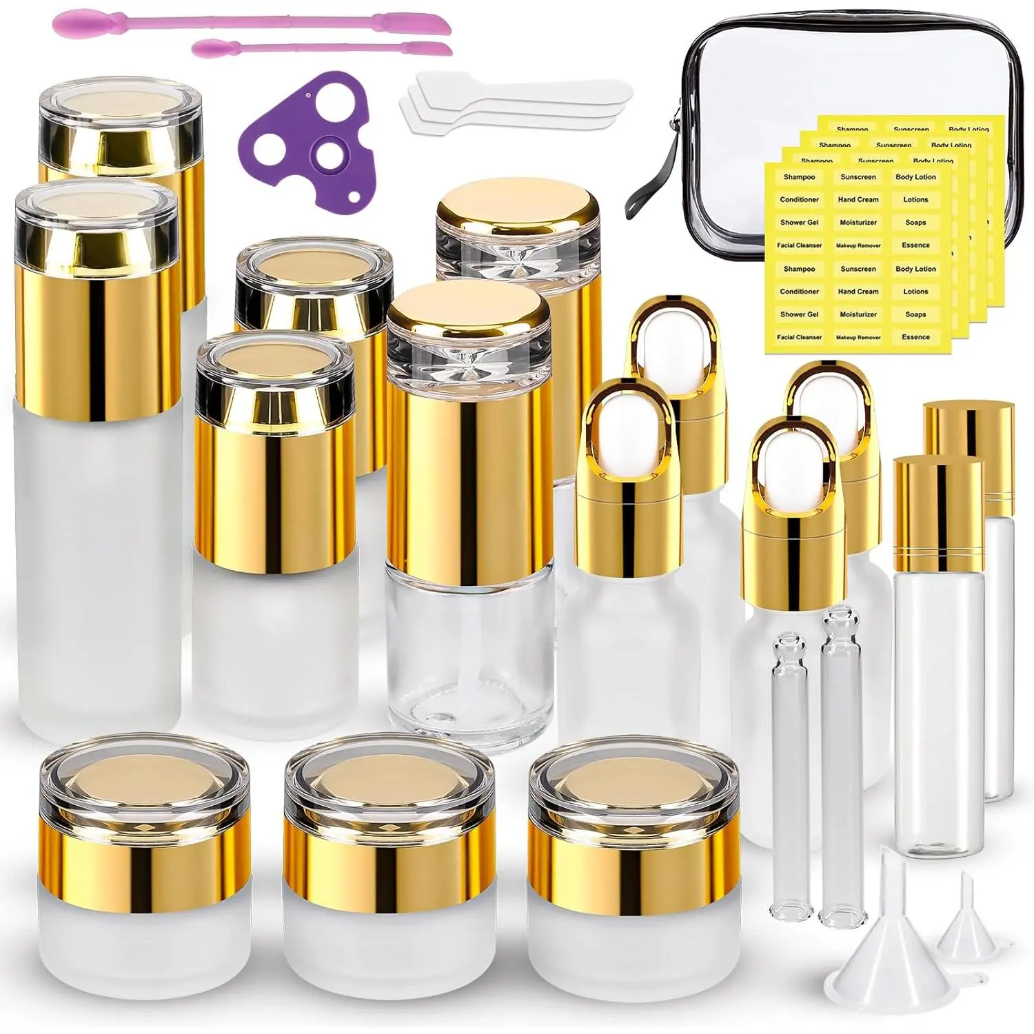 30 Pack TSA Approved Glass Travel Skincare Containers, 1.3/1/0.7/0.3oz Refillable Traveling Size Containers with Pump, Jars & Essential Oil Bottle in Clear Zip Bag, Leak-Proof for  & Liquids
