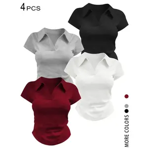 Women's 2026 4 Pcs Solid Color Slim Fit Polo Top Set，Trendy Y2K Cute Aesthetic V Neck Short Sleeve Tees，Viral TikTok Coquette Preppy Style Fashion for Daily Streetwear & Office Look，Versatile Outfits for Summer, Going Out, Work & Layering